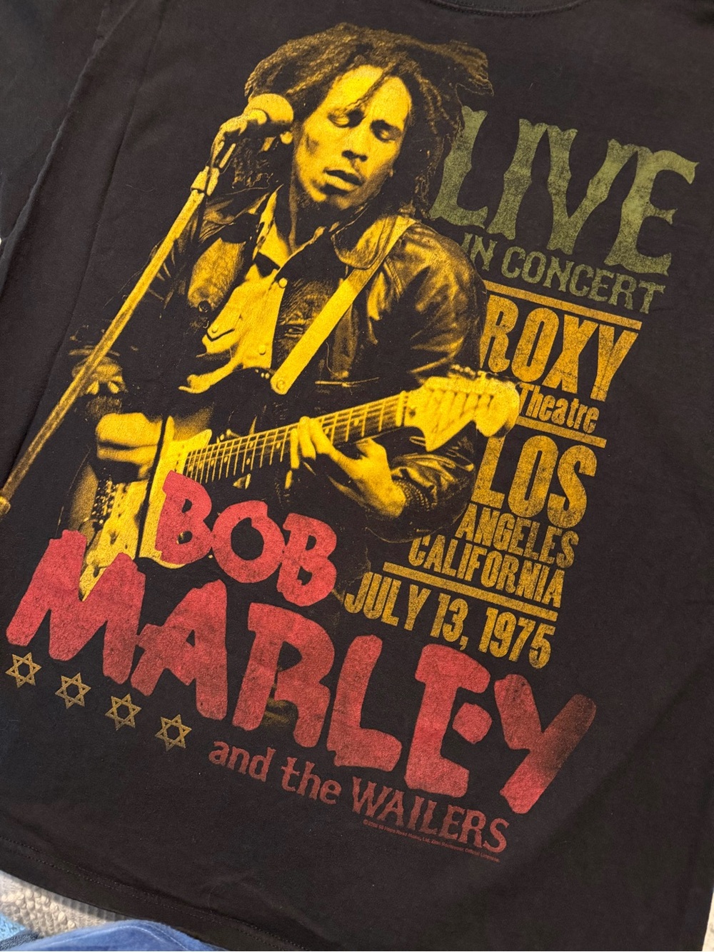 Zion Rootswear Black Tee with Yellow and Red Bob Marley Concert Graphic